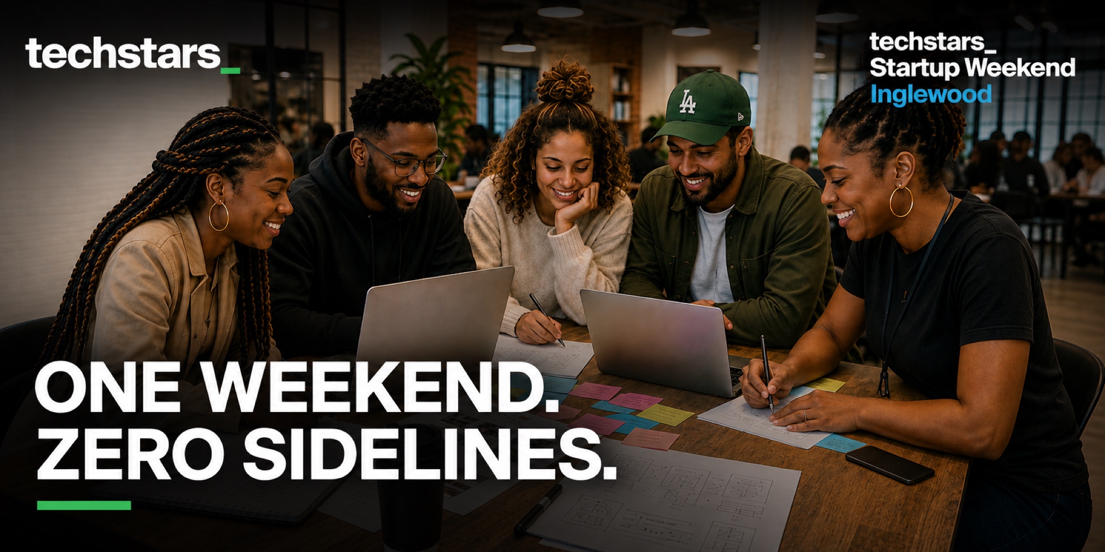 Techstars Startup Weekend Inglewood branded event cover featuring a collaborative startup team