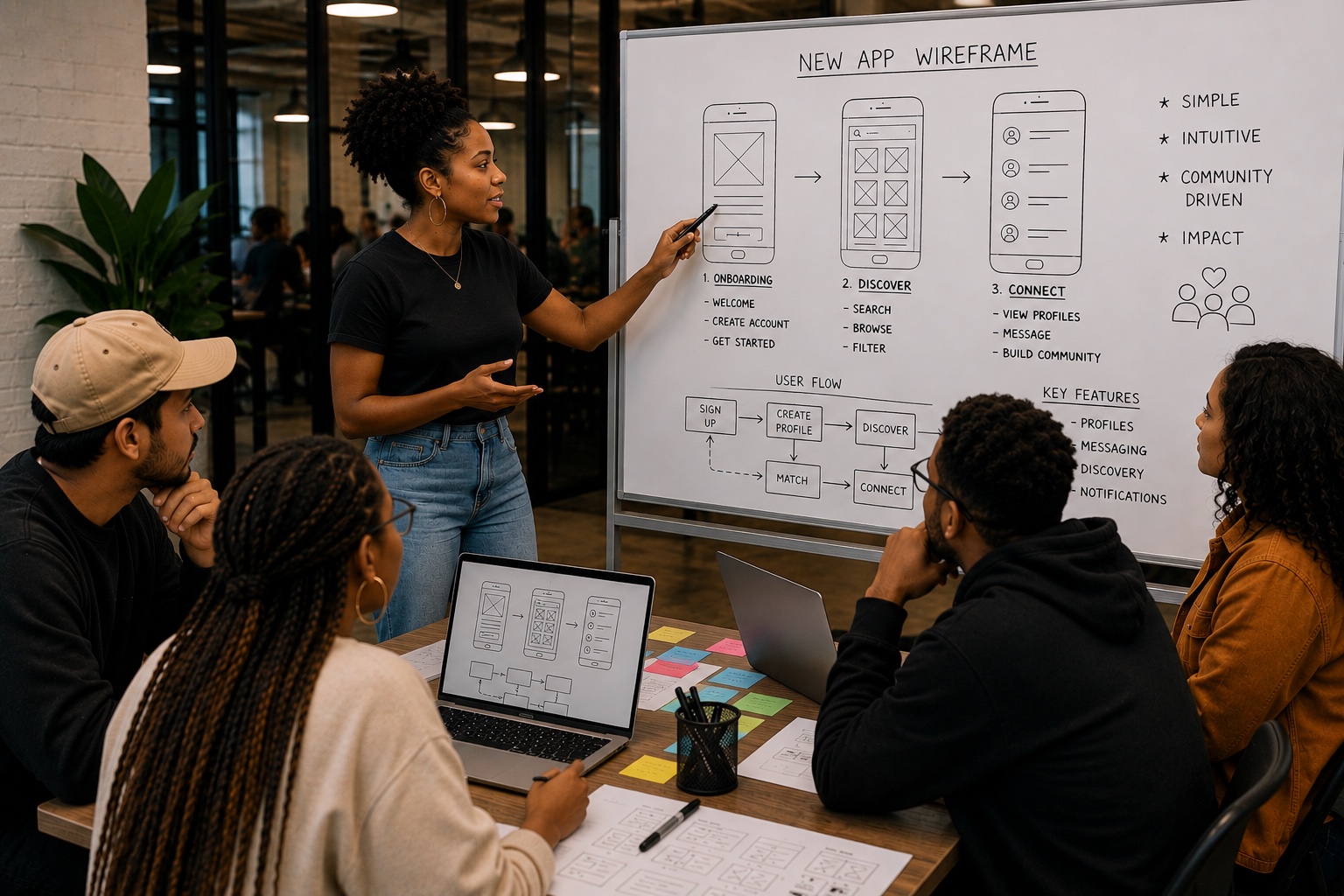 A team reviewing an app wireframe together
