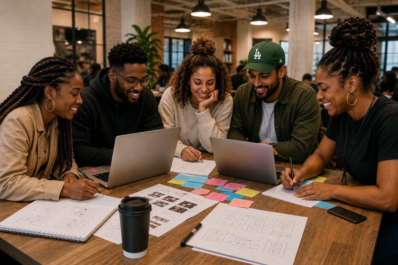A startup team collaborating around laptops and product sketches