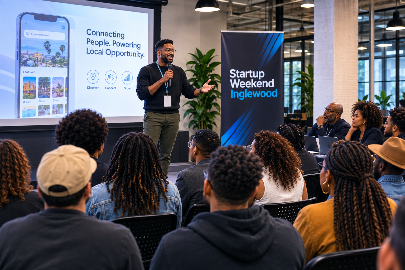 A founder pitching an idea to the Startup Weekend audience